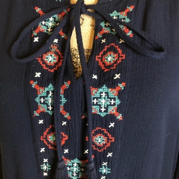 Daniel Rainn Embroidered Aztec Style Navy Blue Long Sleeve Blouse Size S - Picture 5 of 8